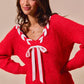 SO ME Satin Tape Braided Ribbon Tie V Neck Sweater - Farnelli