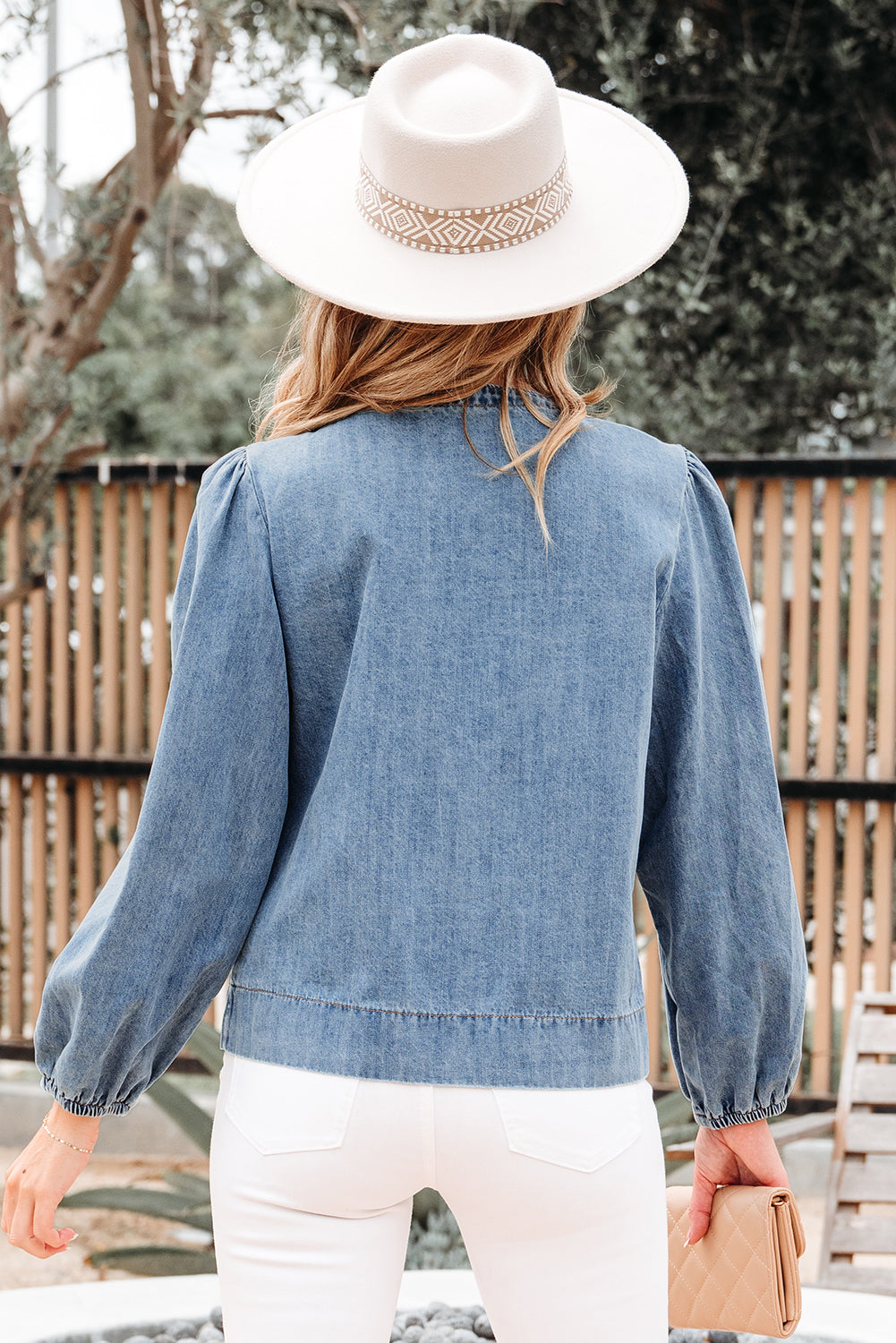 Oakley Tied Front Long Puff Sleeve Denim Top - Farnelli
