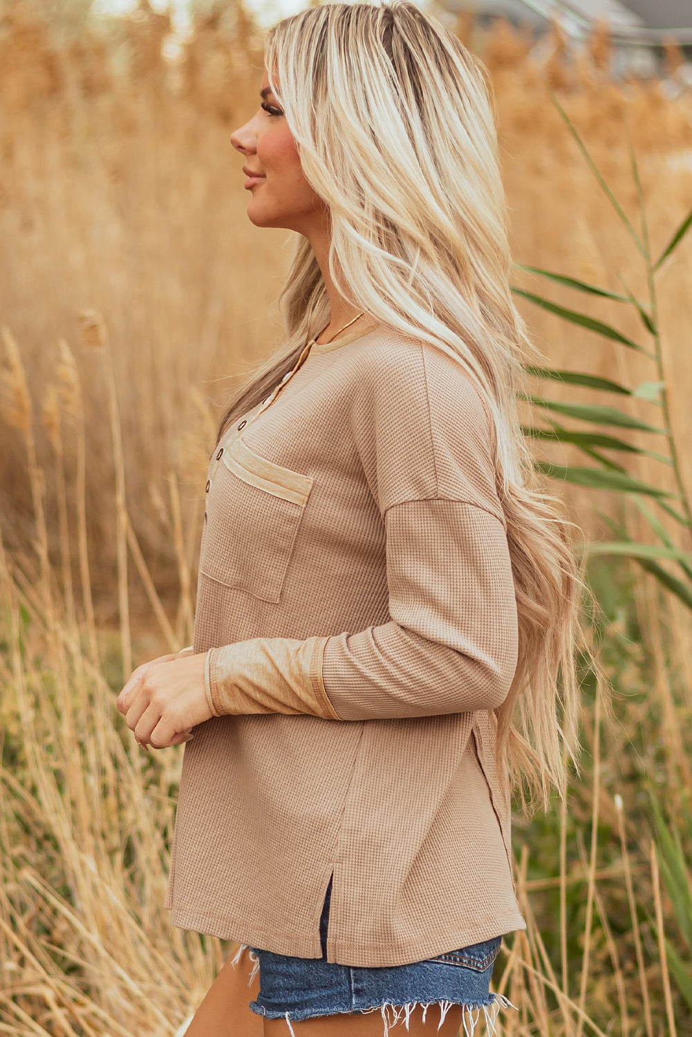 Blake Waffle Textured Tunic Henley Top with Slits - Farnelli