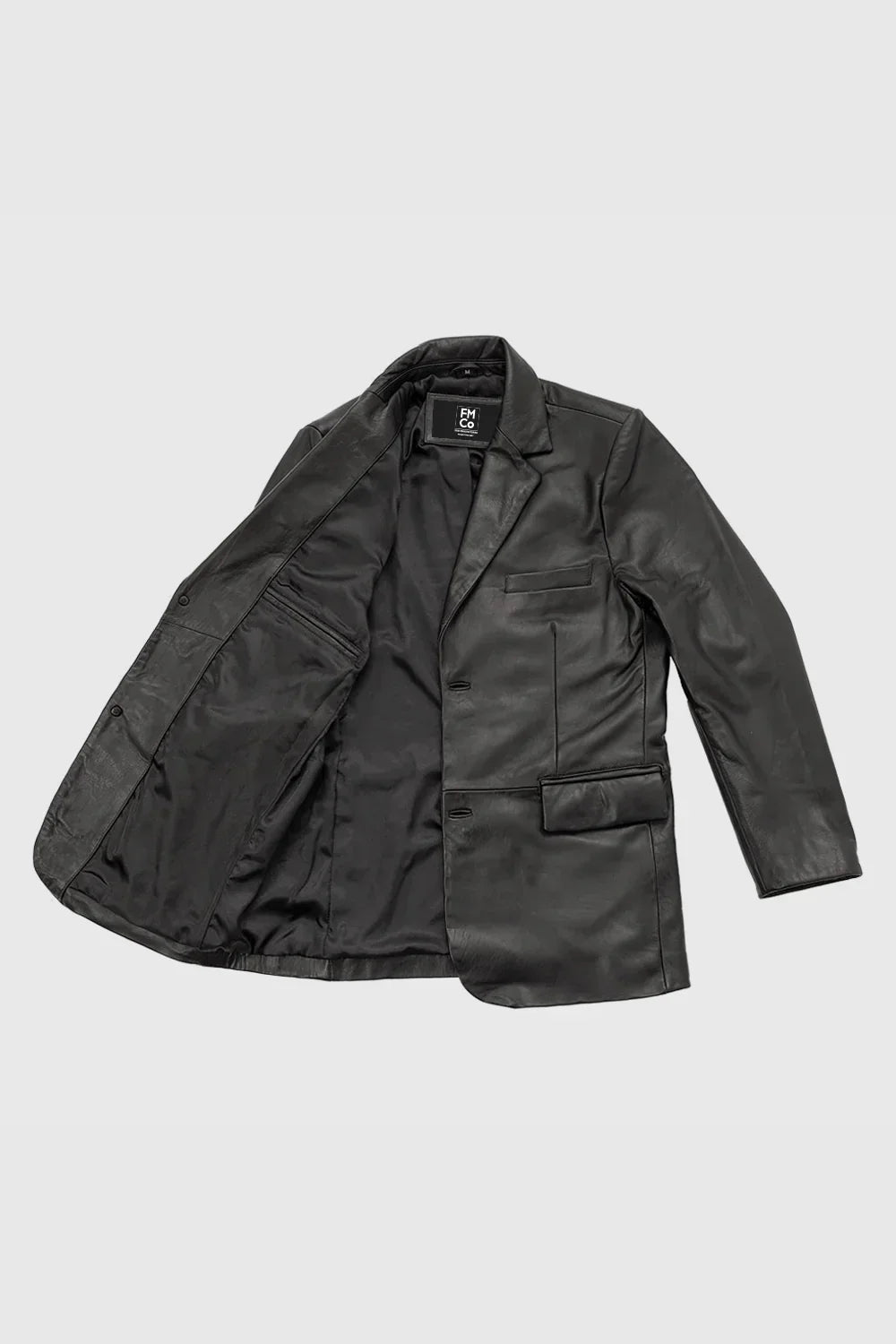 Whet Blu NYC Marco men's New Zealand lambskin blazer in black leather with tailored lapels and button closure