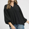 Umgee Textured V-Neck Blouse with Balloon Sleeves - Black