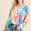 BiBi Tie Dye Deep V-neck Top With Lace Up Front - TIE DYE