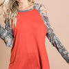 BiBi Jersey Knit Top with Camouflage Laser Cut Sleeves - RUST