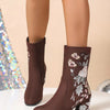 Floral Embroidered Block Heel Boots - Brown