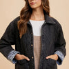 Annie Wear Quilted Printed Lining Snap Down Denim Jacket - Black