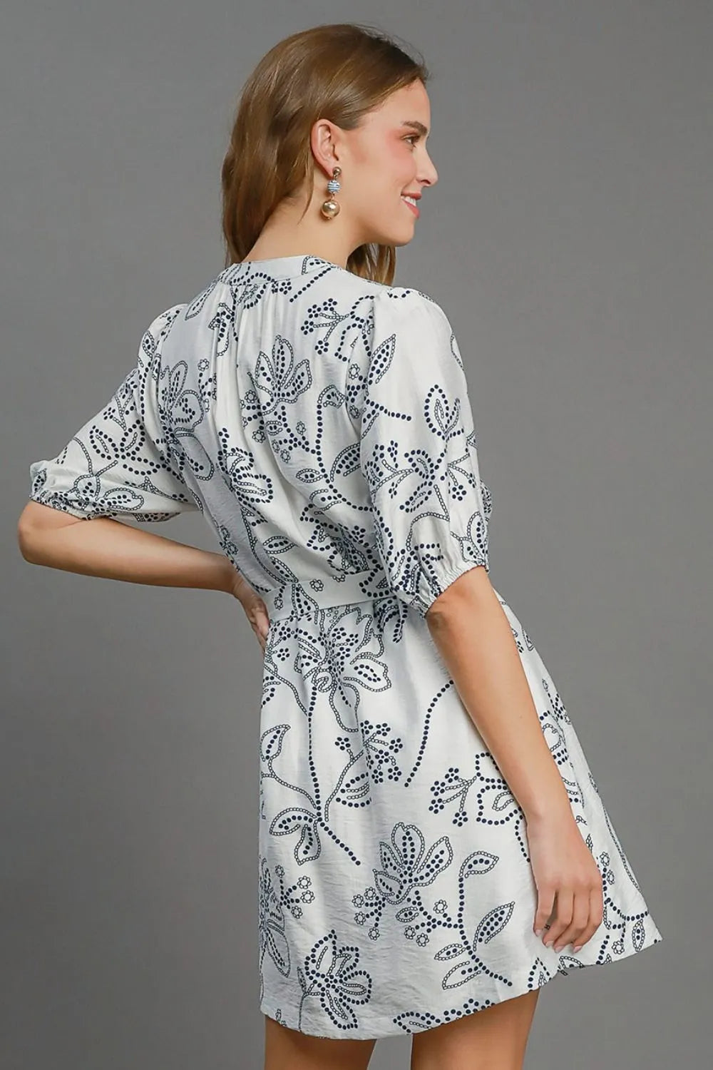 Umgee Full Size Floral Print Notched Puff Sleeve Mini Dress Plus Size - Farnelli