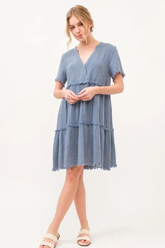 And The Why Washed Frayed Detail Tiered Dress - Farnelli
