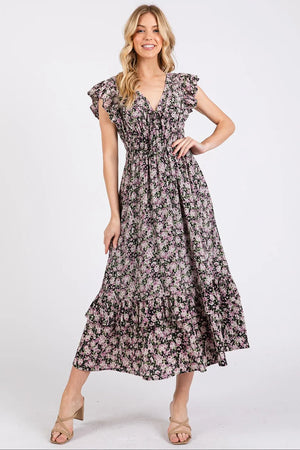 Mittoshop Flower Print Ruffle Cap Sleeve V-neck Midi Dress - Farnelli