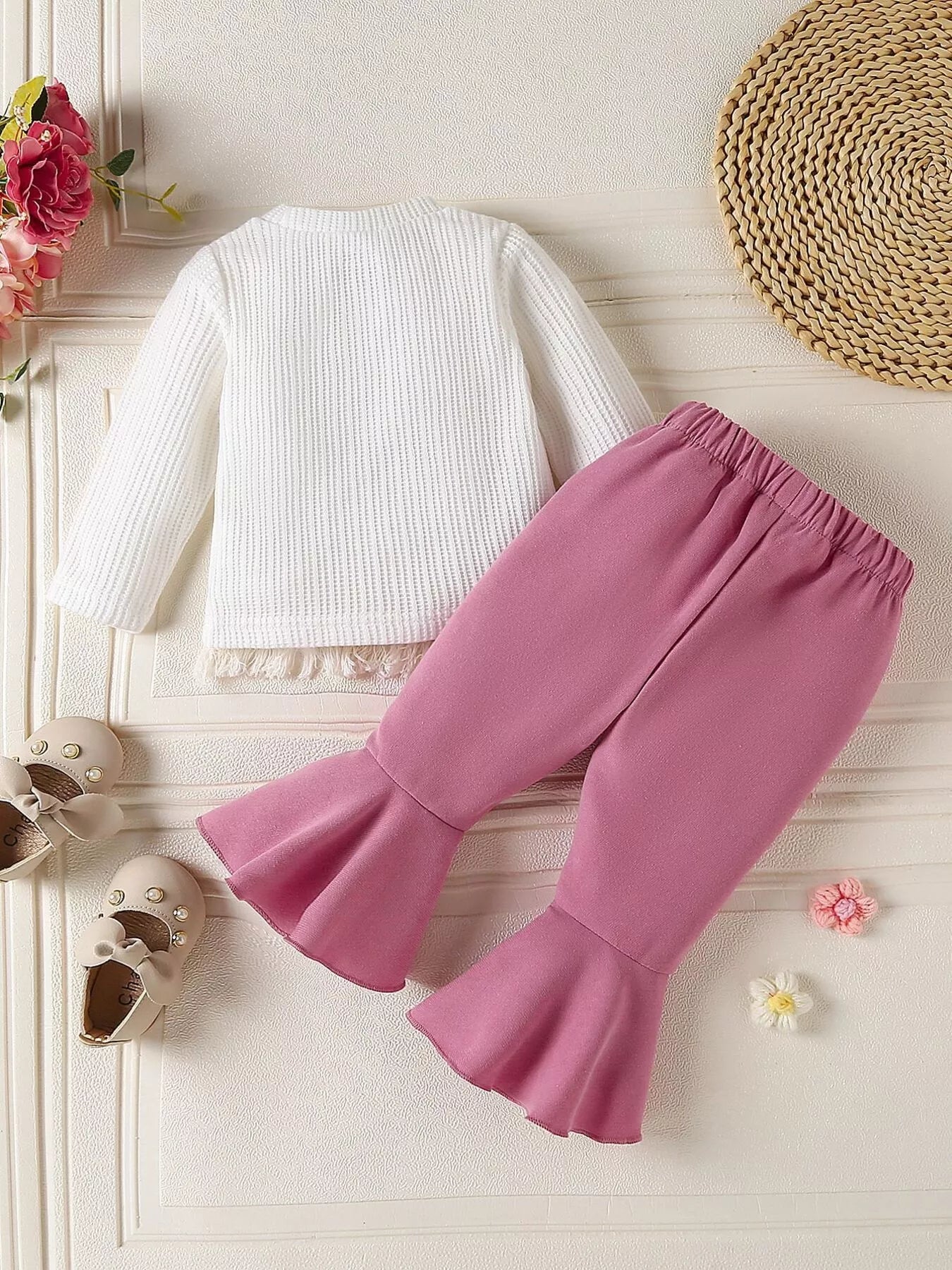 Children's Floral Applique Ribbed Top & Flare Leg Pants Set - Farnelli