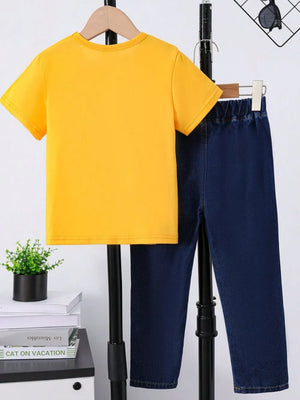 Children's Round Neck Letter Graphic T-Shirt and Distressed Jeans Set - Farnelli