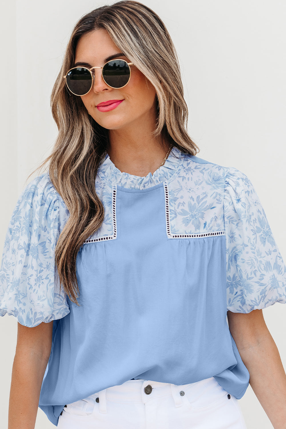 Saanvi Lace Floral Puff Sleeve Loose Blouse - Farnelli