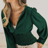 BiBi Smoking Waist Band and Puff Sleeves Deep V Neck Top - HUNTER