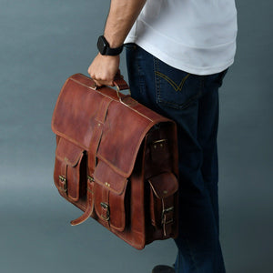 Classic leather messenger bag from Classy Leather Bags, The Retro II Office Briefcase with sturdy handle and multiple compartments.