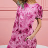 BiBi Puff Sleeve With Side Pockets Tie Dye Dress - FUCHSIA