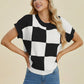Double Take Full Size Checkered Round Neck Short Sleeve Sweater - Farnelli