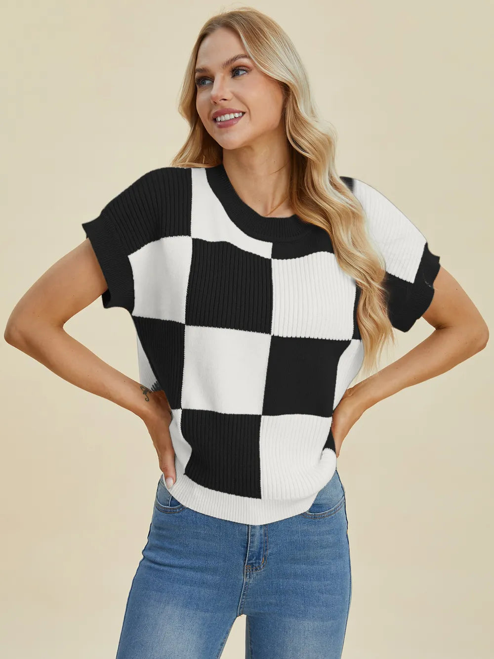 Double Take Full Size Checkered Round Neck Short Sleeve Sweater - Farnelli