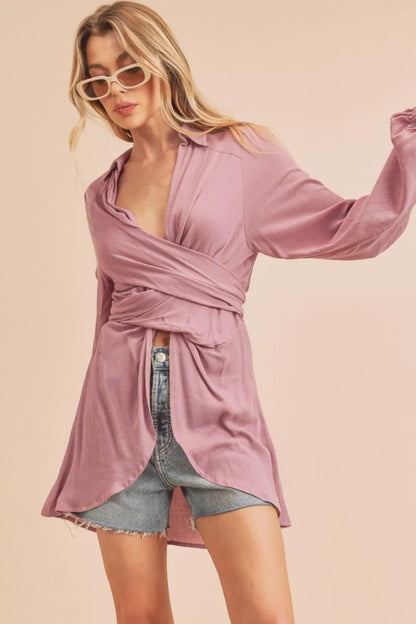 Aemi + Co Tied Collared Neck Long Sleeve Top - Farnelli