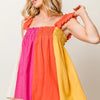 BiBi Frill Shoulder Strap Color Block Bodice Top - FUCHSIA/CORAL/BANANA