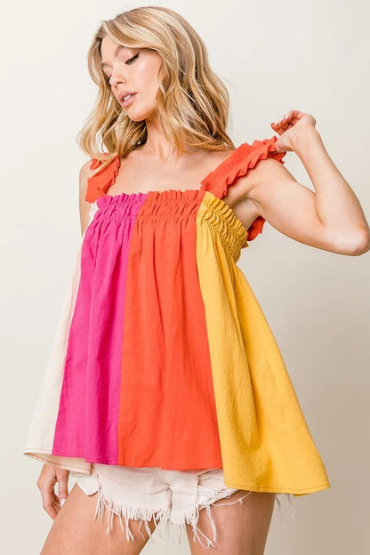 BiBi Frill Shoulder Strap Color Block Bodice Top - Farnelli