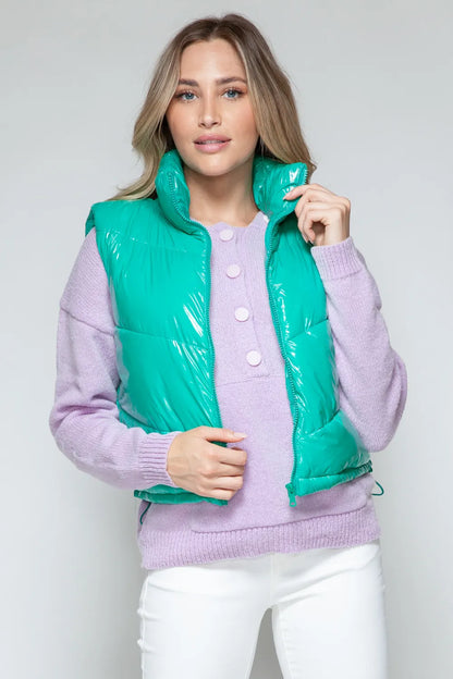 Snobbish Zip Up Turtleneck Shiny Quilted Vest - Farnelli
