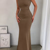 One-Shoulder Ruched Bodycon Maxi Dress - Brown