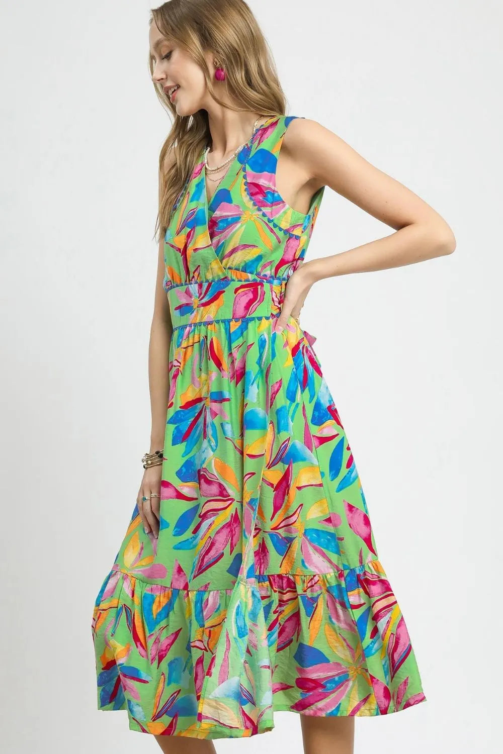 Umgee Ruffled Hem Printed Sleeveless Midi Dress - Farnelli