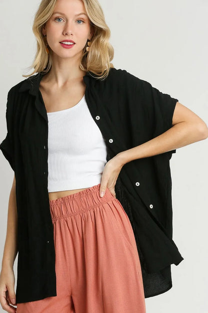 Umgee Full Size Textured Button Down Short Sleeve Shirt Plus Size - Farnelli