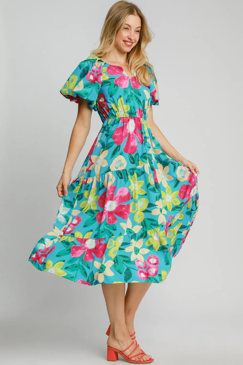 Umgee Full Size Tiered Floral Print Notched Puff Sleeve Midi Dress Plus Size - Farnelli