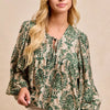 BiBi Printed Woven Front Tied Blouse with Baloon Sleeve - TAN/OLIVE