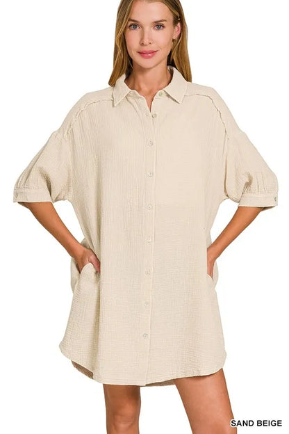Zenana Washed Double Gauze Button Down Shirt Dress - Farnelli