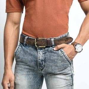 Dark brown men's leather belt from Classy Leather Bags featuring a sleek, polished leather strap and silver buckle.