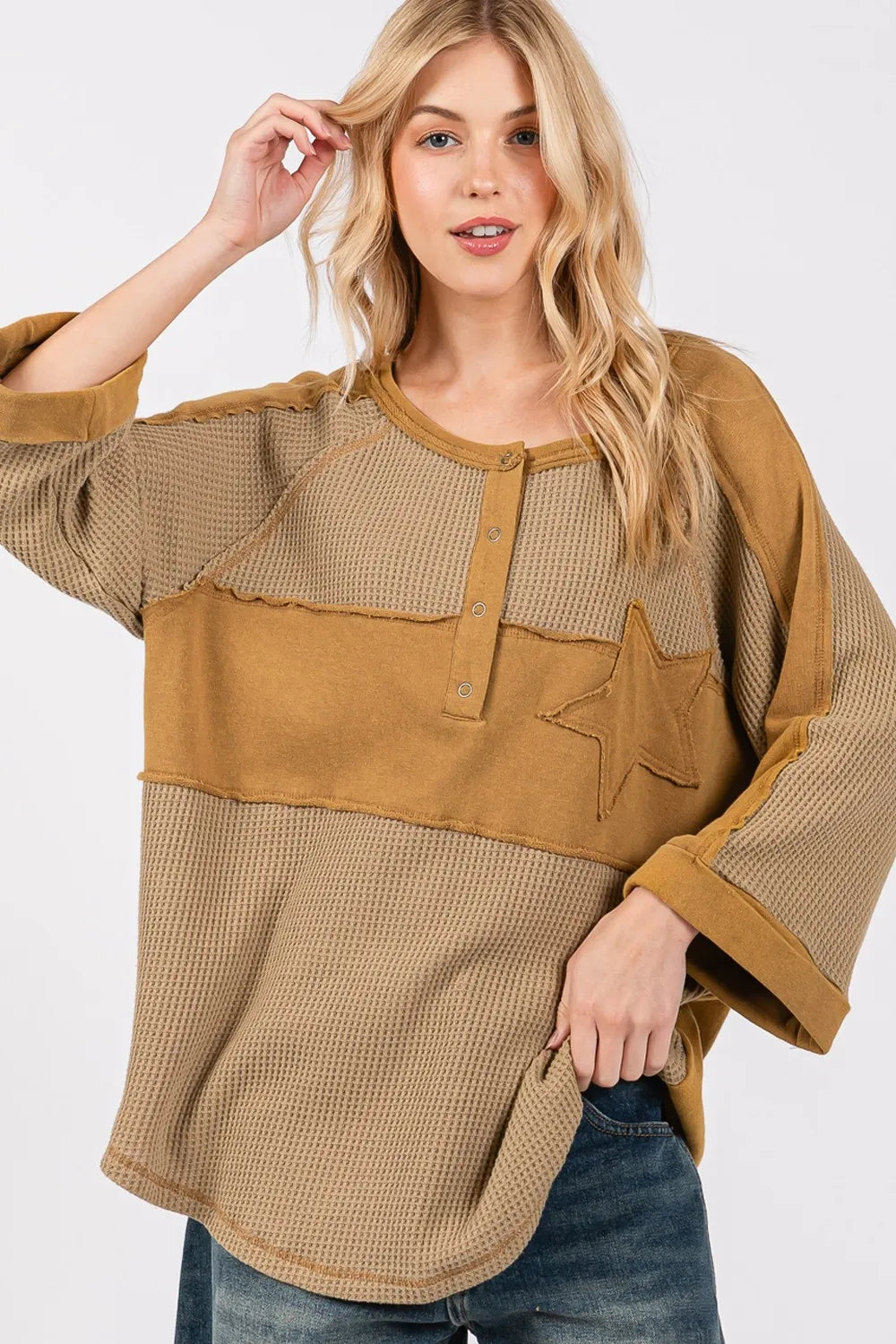 SAGE + FIG Star Applique Patch Exposed Seam Waffle Knit Top - Farnelli
