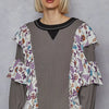 POL Round Neck Sweater with Floral Ruffle Detail - CHARCOAL