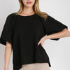 Umgee Full Size Boxy Cut Jacquard Round Neck Top with Side Slit Plus Size - Black