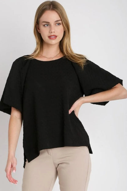 Umgee Full Size Boxy Cut Jacquard Round Neck Top with Side Slit Plus Size - Farnelli