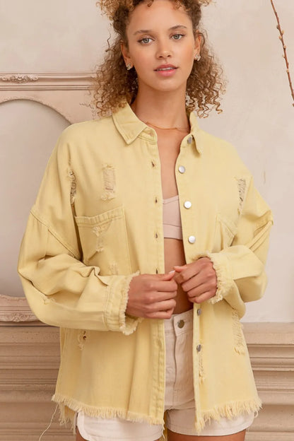 POL Button Down Raw Hem Distressed Shacket - Farnelli