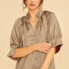 Annie Wear Satin V Neck Open Short Sleeve Woven Blouse Top - MOCHA