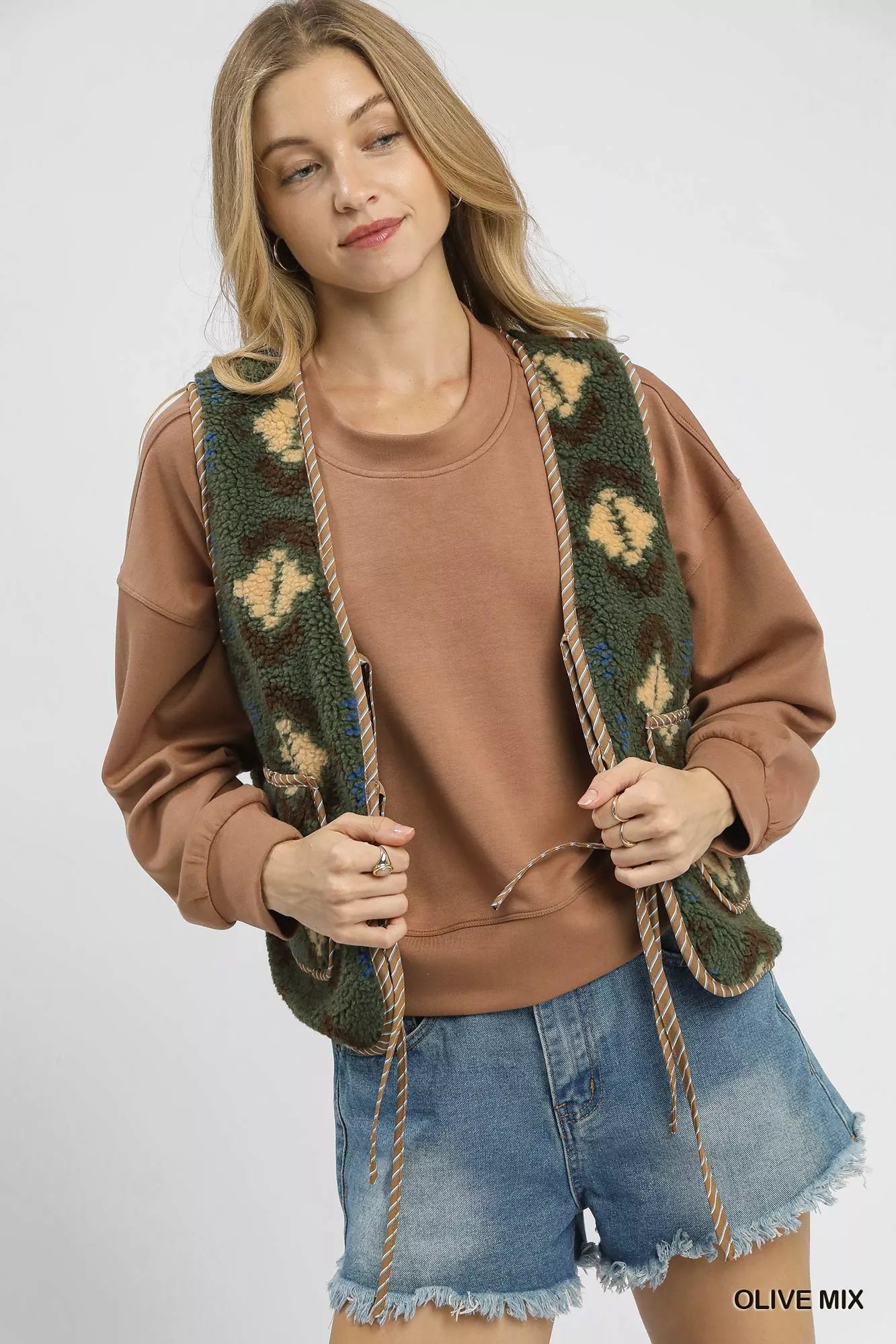 Umgee Mix Patterned Sherpa Tie-Front Vest - Farnelli