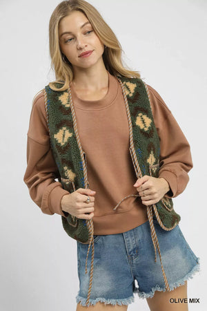 Umgee Mix Patterned Sherpa Tie-Front Vest - Farnelli