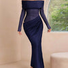 Off-Shoulder Long Sleeve Ruched Bodycon Maxi Dress - Dark Blue