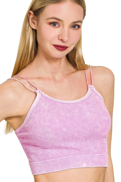 Zenana Washed Ribbed Seamless Double Strap Brami - Farnelli