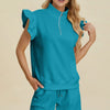 Double Take Full Size Texture Flounce Sleeve Top and Shorts Set - Cerulean