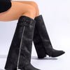 Point Toe Block Heels Boots - Black