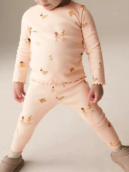 Children's Ballerina Print Round Neck Top and Pants Pajama Set - Farnelli