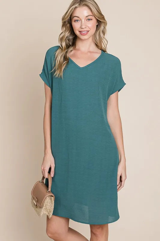BOMBOM V-Neck Short Sleeve Dress with Pockets - Farnelli