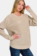 Zenana High Low Long Sleeve Waffle Sweater - Farnelli