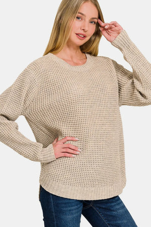 Zenana High Low Long Sleeve Waffle Sweater - Farnelli