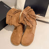 Suede Fringe Round Toe Boots - Camel