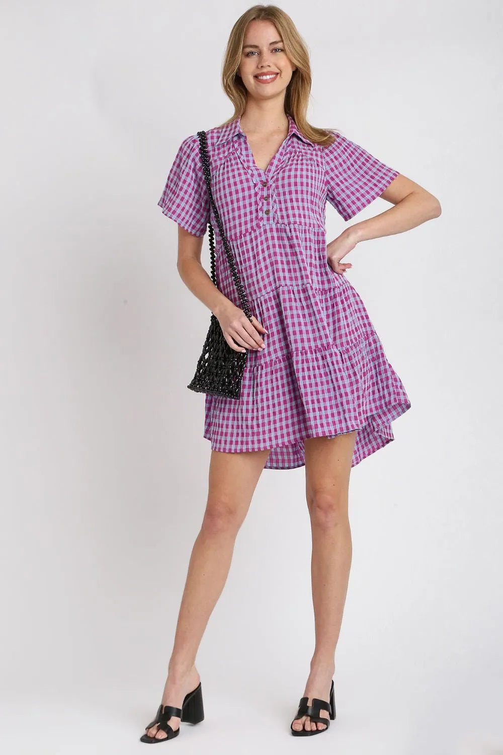 Umgee Full Size Gingham Tiered Button Detail Short Sleeve Dress Plus Size - Farnelli