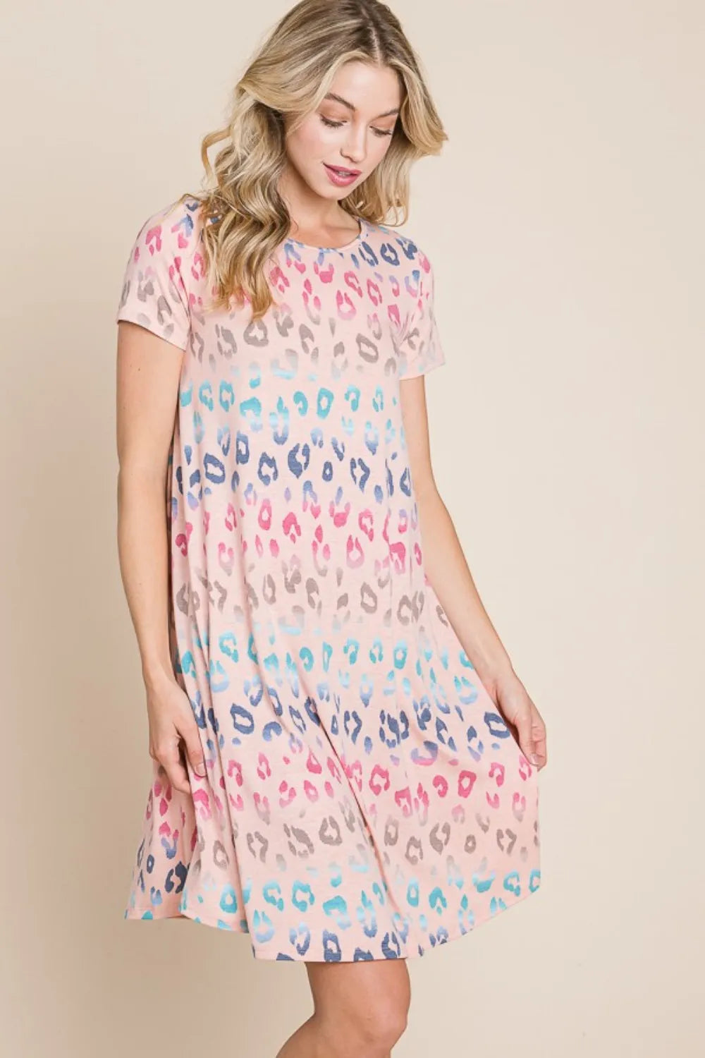 BOMBOM Leopard Round Neck Short Sleeve Dress - Farnelli